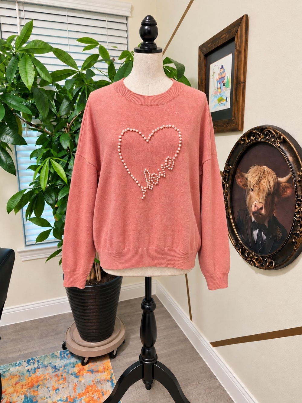 On 12th Pink Pearl Heart Sweater XL